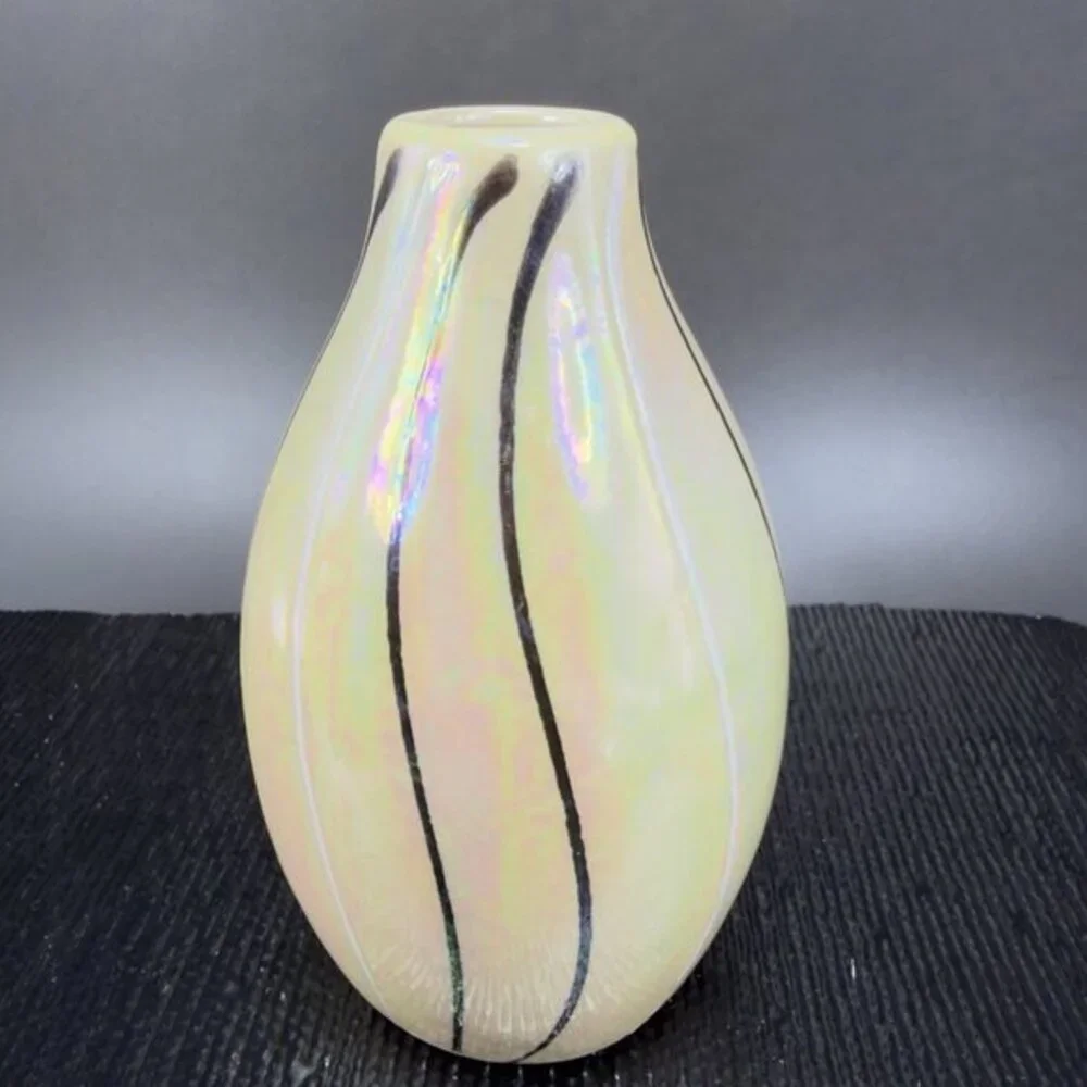 Vintage Ceramic Bud Vase With Yellow Shiny Iridescent‎ Finish Black White Lines